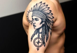 Native American girl with headdress in the sun a compass and a clock and arrowhead tattoo idea