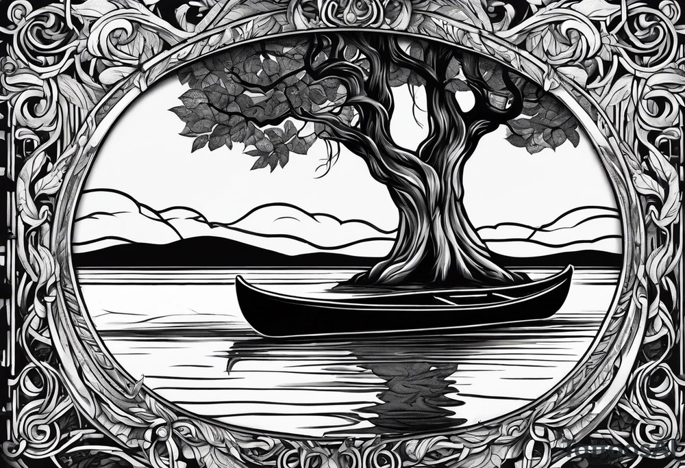 a big tree that is a canoe paddle at the trunk with vines wrapping around the handle tattoo idea