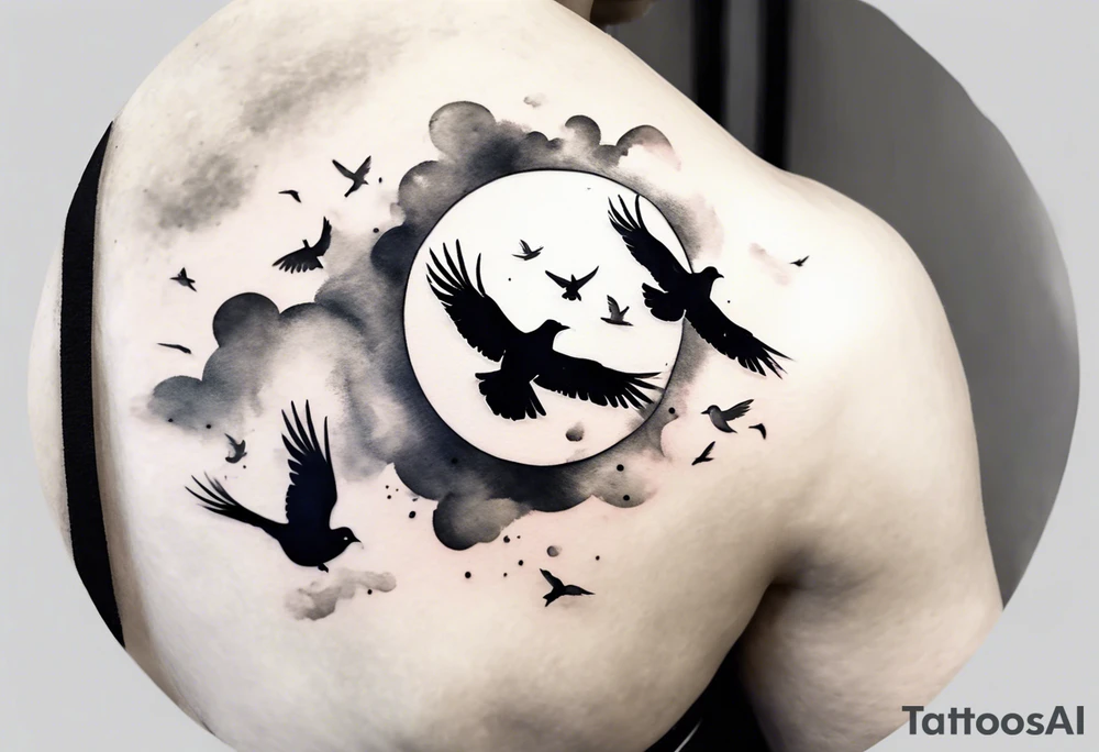 shoulder tattoo with light rays with birds flying free among the clouds, round shape, 3d effect tattoo idea