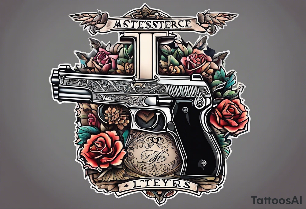 The letters AR with a pistol on each side and the word always on the top and ready on the bottom tattoo idea