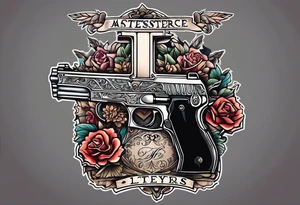 The letters AR with a pistol on each side and the word always on the top and ready on the bottom tattoo idea