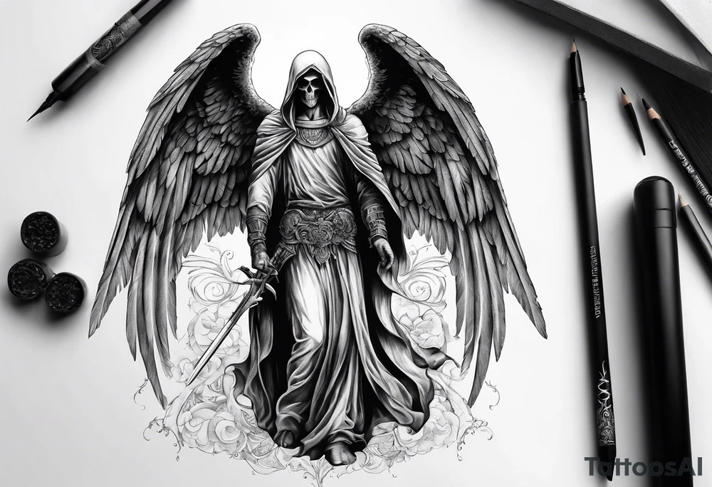 realistic full body of angel of death, without face, man tattoo idea