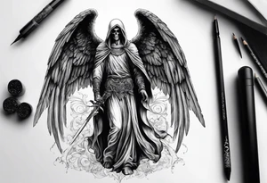 realistic full body of angel of death, without face, man tattoo idea