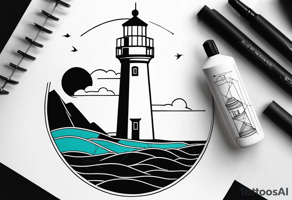 lighthouse in filne line and a bit geometric. Mostly black but the light and the sea colored. also the sea close to the lighthouse tattoo idea