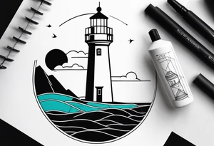 lighthouse in filne line and a bit geometric. Mostly black but the light and the sea colored. also the sea close to the lighthouse tattoo idea