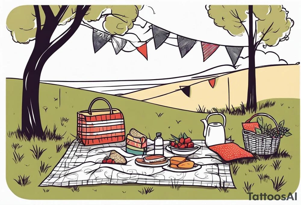picnic scene by a tree on a meadow. with a sheckers blanket, basket, pillows and party pennants. Thin lines. tattoo idea