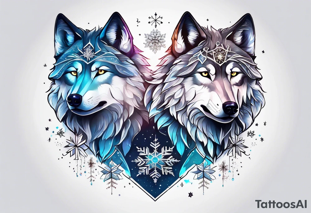 Constellation, two animal wolf, snowflake tattoo idea