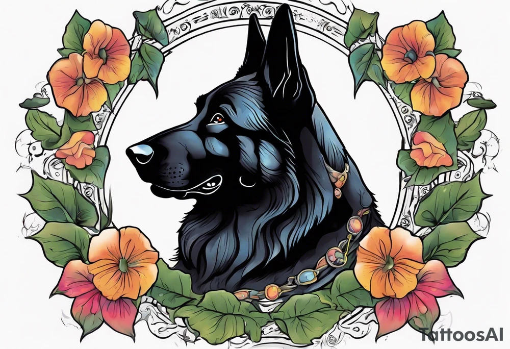 Black German shepherd portrait brightly colored with morning glories tattoo idea