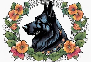 Black German shepherd portrait brightly colored with morning glories tattoo idea