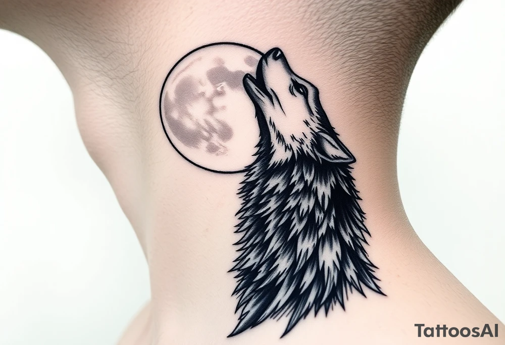 lone wolf howling at full moon with northern lights backdrop tattoo idea