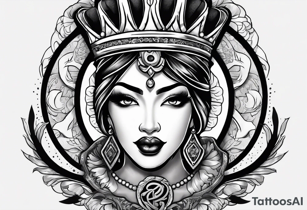 Latina Queen ahegao, drooling, happy, Spade Symbol with letter Q in the center of the spade framed tattoo idea