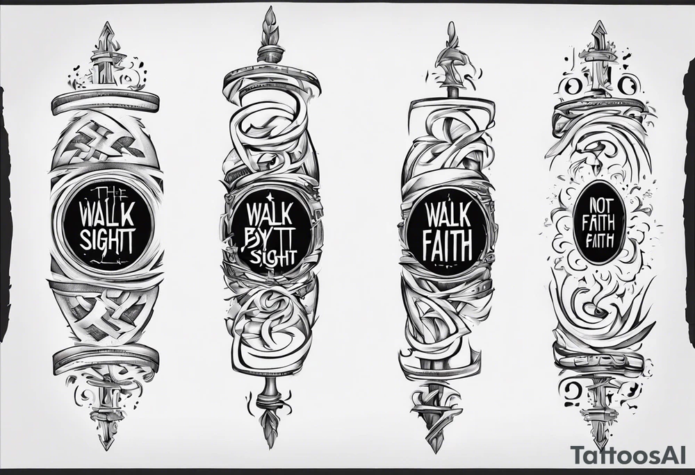 Horizontal inner bicep tattoo. “walk by faith, not by sight” stairwell wrapping around the quote. This design captures the essence of the journey guided by faith. tattoo idea