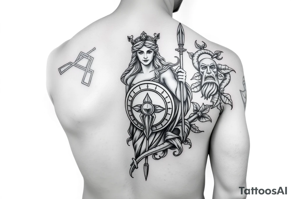 The goddess Athena with her Medusa shield and spear surrounded by Greek flourished designs on right arm sleeve tattoo idea