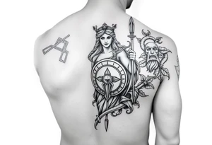 The goddess Athena with her Medusa shield and spear surrounded by Greek flourished designs on right arm sleeve tattoo idea