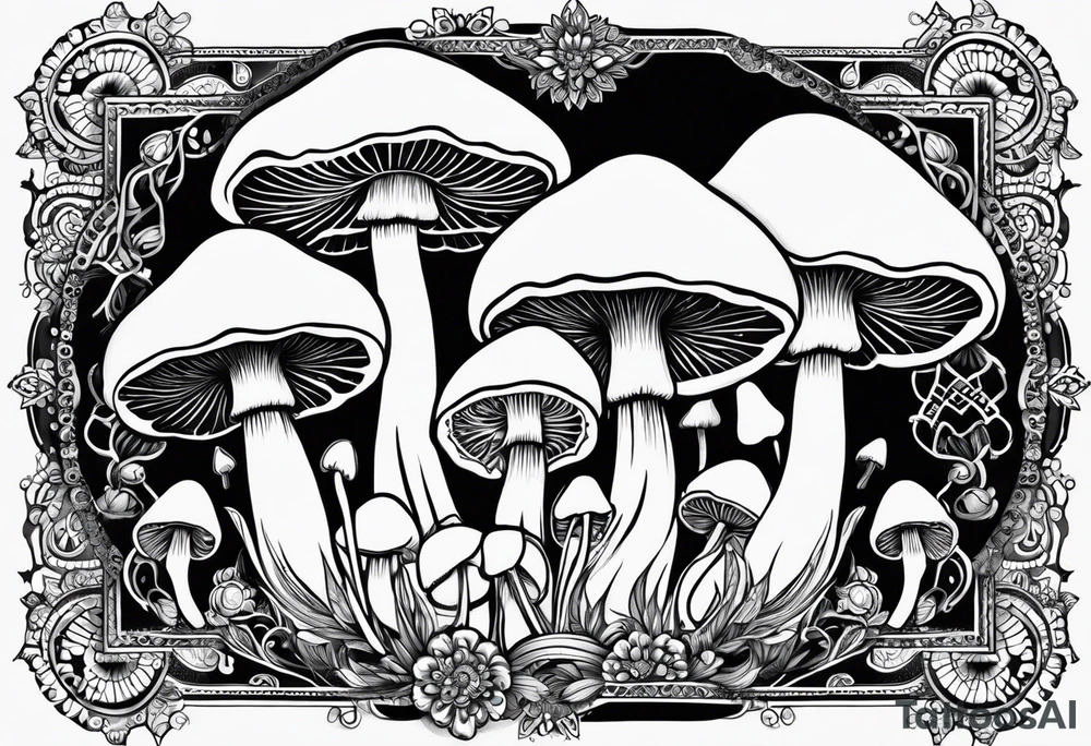 Large Shaggy cap mushroom dripping ink off cap with 4 smaller mushrooms around it mandala henna black tattoo design tattoo idea
