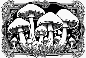 Large Shaggy cap mushroom dripping ink off cap with 4 smaller mushrooms around it mandala henna black tattoo design tattoo idea