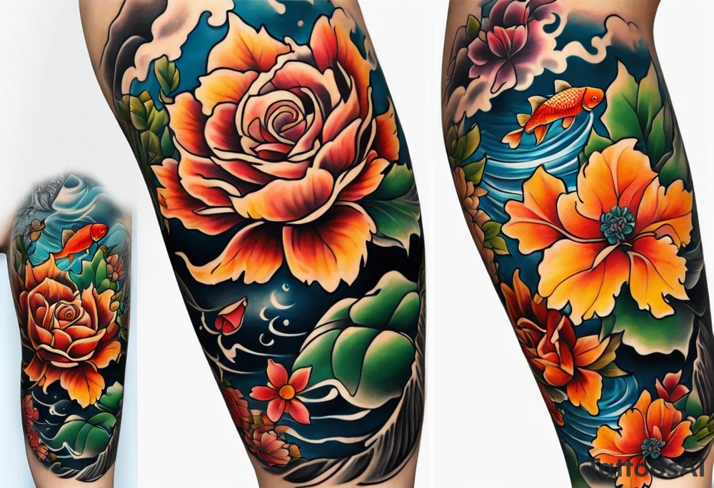 thigh tattoo with fall colors showing, leaves, koi fish, small flowers, roses, water flow, and sky tattoo idea