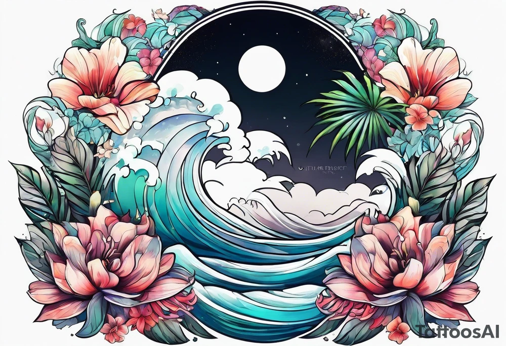 sea,, night, flower, palm, tattoo idea
