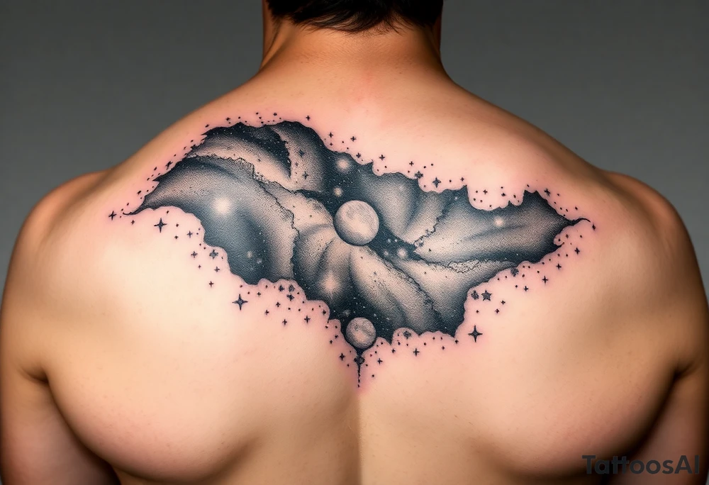 Beautiful and epic 3d milky way that appears to be what is beneath the skin. Make it drape over the shoulder and move to the middle back. use negative spaces to create stars and dust. Incorporate God breathing life into the universe. Keep it symmetrical tattoo idea