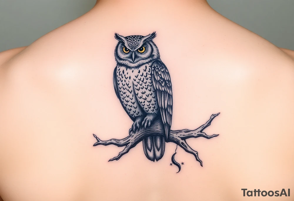 wise owl perched on ancient oak branch under starlit sky tattoo idea