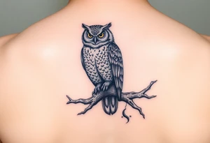 wise owl perched on ancient oak branch under starlit sky tattoo idea