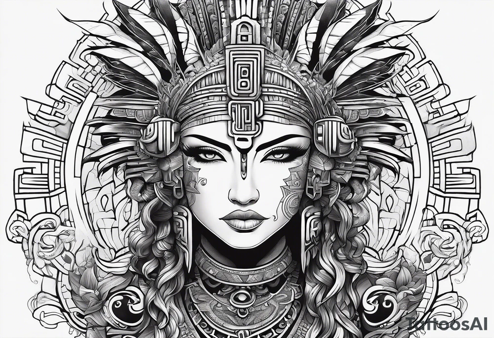 Minimalist Cyberpunk Mayan Quetzal that has cybernetic neurons coming from the bottom. tattoo idea