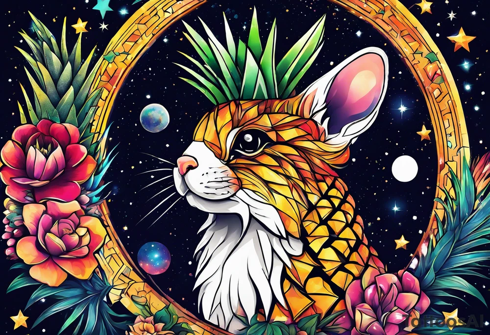 Animals in Amsterdam featuring colours of the universe and galaxies and pineapple tattoo idea