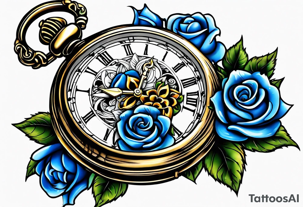 Pocket watch with blue roses tattoo idea