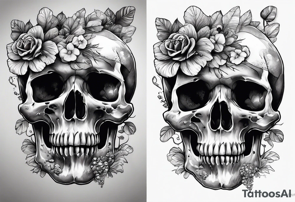 Skull with mushrooms attached like it’s becoming a part of them tattoo idea