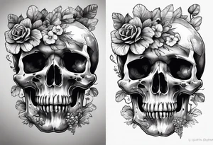 Skull with mushrooms attached like it’s becoming a part of them tattoo idea