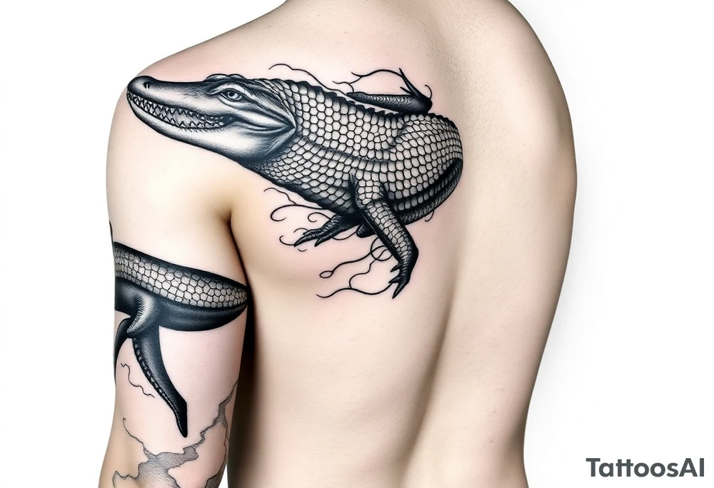 i am planning a full left arm sleeve. for my UPPER arm i already have a large black crocodile at the front. i wish to have a shark and a harbour seal to finish my upper arm with animals. anmd then for my FOREARM see this prompt 'arm sleeve tattoo design combining organic alien blackwork patterns and biomechanical dragon‑scale textures.
Dense black sections flow around lighter geometric linework, creating contrast and movement.
Incorporate fluid wave‑like shapes, layered scales, and textured shading to disguise uneven skin.
Style: black and grey, high‑contrast, heavy pattern, scar‑cover design.” tattoo idea
