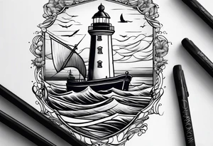 Lighthouse with waves and ship infront tattoo idea