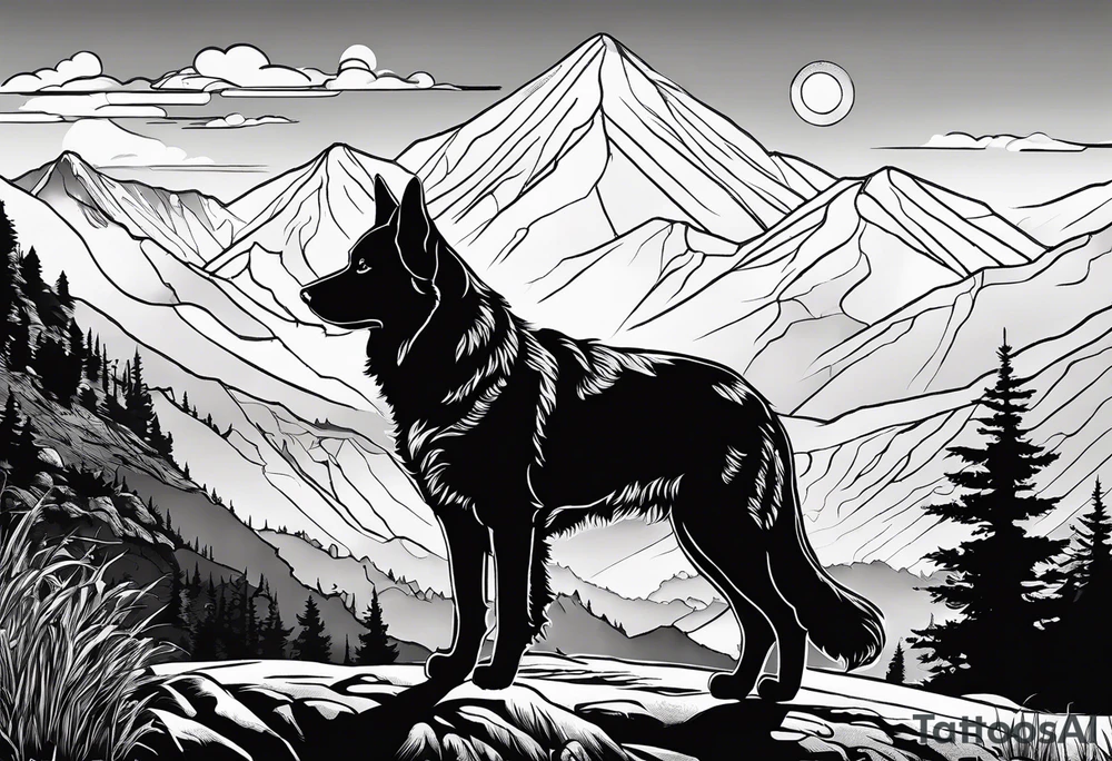 nature, sunset, mountains, a father and son hiking with their dog and cat and a cross tattoo idea