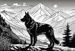 nature, sunset, mountains, a father and son hiking with their dog and cat and a cross tattoo idea