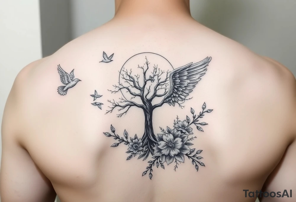Angelic scene with tree, birds and flowers tattoo idea