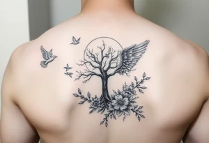 Angelic scene with tree, birds and flowers tattoo idea
