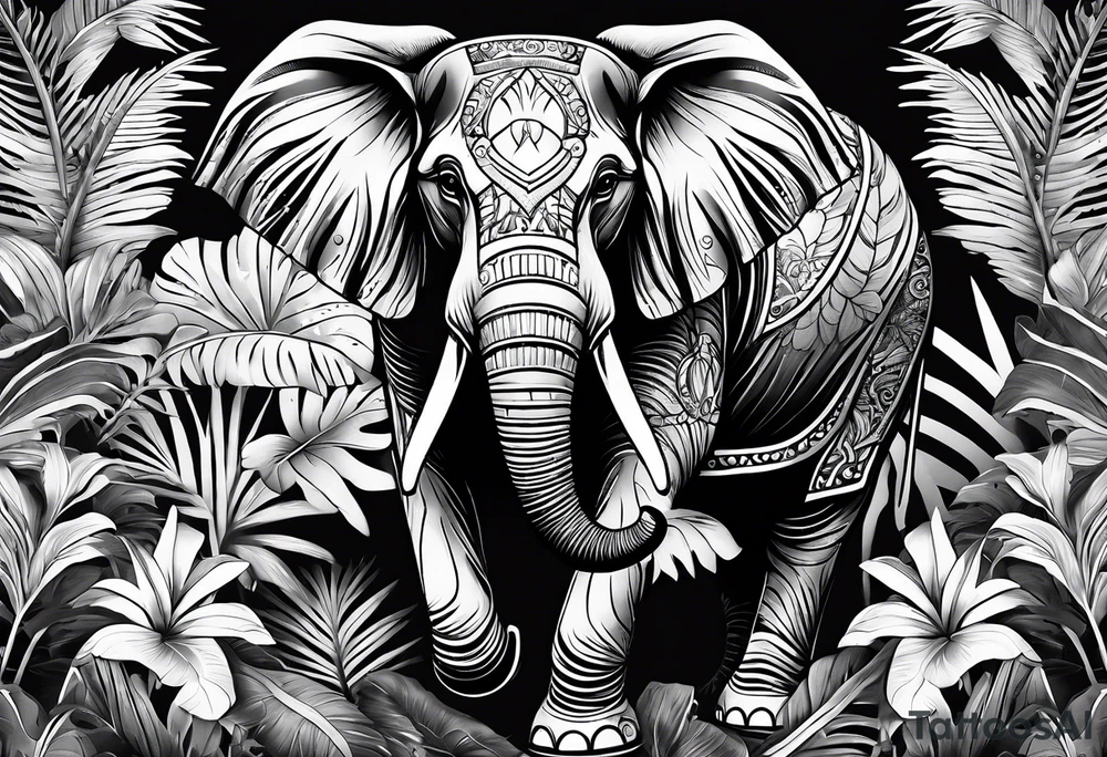 “A majestic elephant with its trunk raised, surrounded by tropical foliage, symbolizing memory and strength tattoo idea