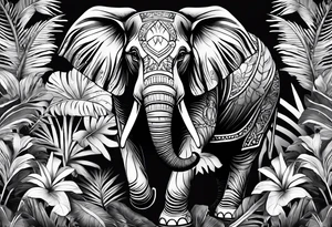 “A majestic elephant with its trunk raised, surrounded by tropical foliage, symbolizing memory and strength tattoo idea