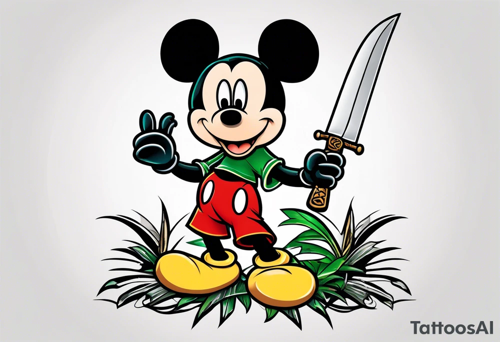mickey mouse holding a knife and stick with palm trees and the celtic symbol for family tattoo idea