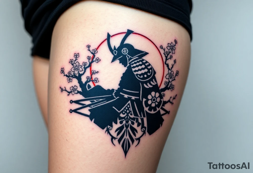 noble samurai warrior silhouette at sunset with cherry blossoms tattoo idea