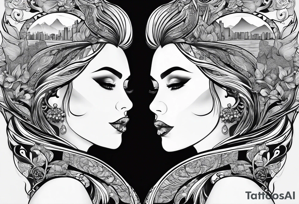 2 womans faces looking into each other eyes the womans face on the right side morphs into a city and the womans face on the left side morphs into mountains tattoo idea