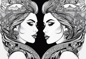 2 womans faces looking into each other eyes the womans face on the right side morphs into a city and the womans face on the left side morphs into mountains tattoo idea