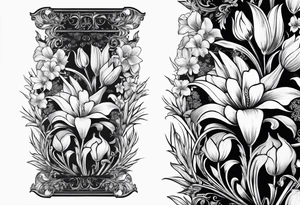 Vertical floral arm sleeve with wheat and dragonflower and florals and tulips lilly orchid, Queen-of-the-Night tattoo idea