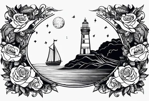 bateau, phare maritime, phoenix, rose des vents et lune bleu. tattoo idea
