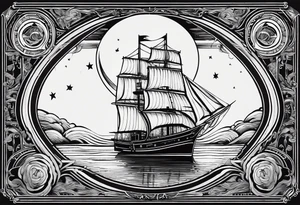 bateau, phare maritime et lune bleu.délicat,minimaliste.phoenix. tattoo idea