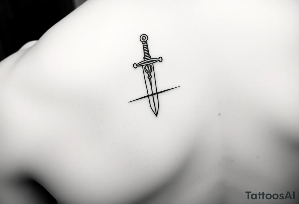 Fine line Celtic sword with a light horizontal line across the back of the blade on outside of forearm tattoo idea