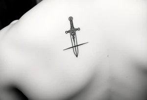 Fine line Celtic sword with a light horizontal line across the back of the blade on outside of forearm tattoo idea