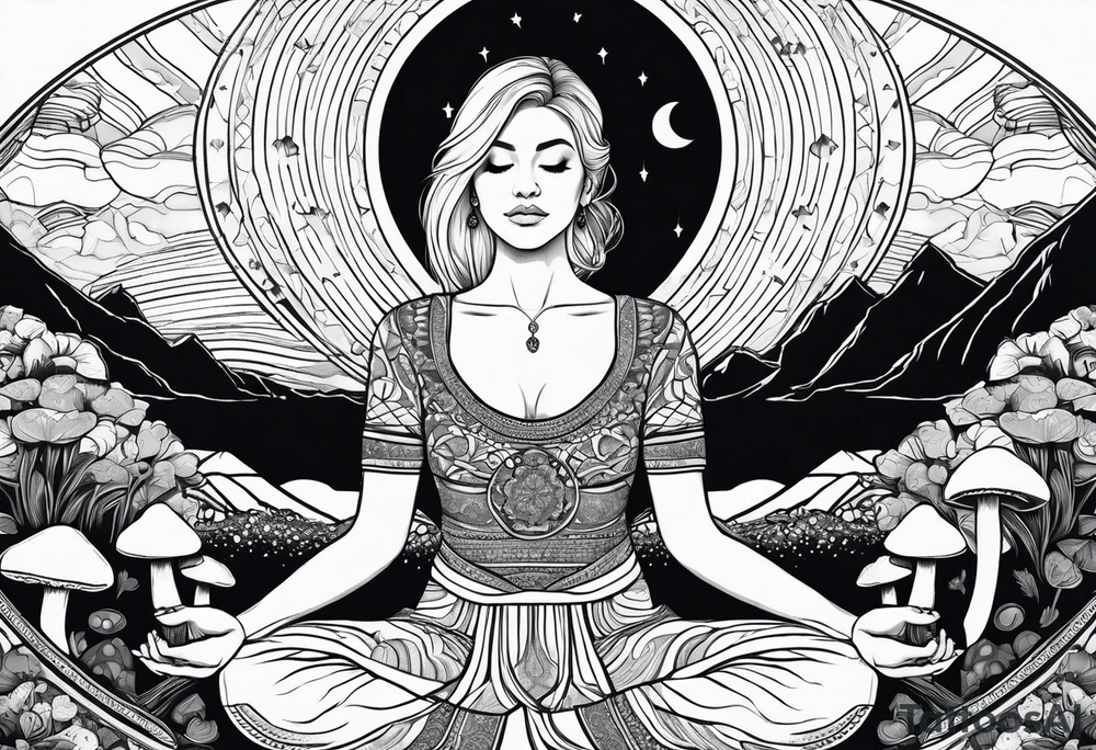 Straight blonde hair girl meditating facing away toward mountains surrounded by mushrooms crescent moon mandala circular design black and white striped dress tattoo idea