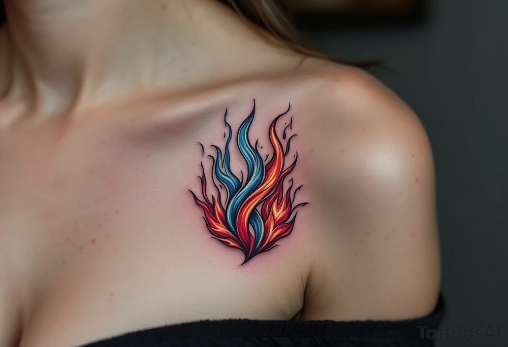 Two flames intertwined—one pure white with hints of sky blue, flickering softly like a candle in the wind, and the other deep crimson, jagged, and violent, consuming everything in its path. The flames twist together but never fully merge. tattoo idea