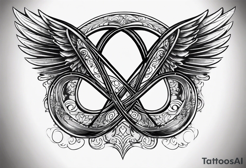 Infinity sign with dates 01/59-02/16 and angle wings in the background tattoo idea